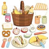 Dreamon Wooden Play Food Toy for Kids - Wooden Toys - Kitchen Accessories Pretend Picnic Toy Set with Cutting Fruit and Veg - Pretend Play Food Gift for Boys Girls 3 year olds