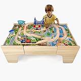 Hooga Wooden Kids Activity Table, 80 Piece Train Playset Including Wooden Track and Bridges, 3-in-1 Multi Usage Kids Playtable With Storage Drawer (80 PCS, 92 x 60 x 40 cm)