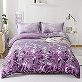 Purple Duvet Cover King Purple Floral Bedding Set, Reversible Lightweight Leaves Bedding Sets 3pcs with Zipper Closure (King, 220x230cm)