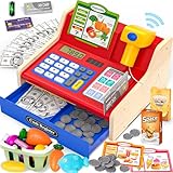 maysida Cash Register for Kids Age 3+, Wooden Till Cash Register with Scanner&Sounds, Pretend Play Toy Till with Toys Money/Coins/Credit Card/Shopping Basket/Pretend Food, Boys/Girls Brithday Gift Toy