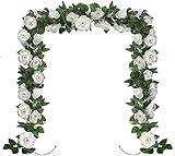Huryfox Artificial Flowers Garlands - 2 Strand 216cm Long Artificial Flower Vines for Decorations, 16 Flowers per Strand, Faux White Rose Floral Arch for Home, Garden, Weddings, Parties