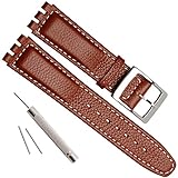 OliBoPo Alligator Grain Cow Leather Stainless Steel Buckle Watch Band Strap for Swatch (17mm, White Stitch/Brown)