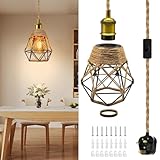 Industrial Plug in Hanging Light Fixtures, 510cm Hemp Rope Pendant Lights with Metal Woven Lampshade,Rustic Plug in Ceiling Light Brass E27 Lamp Holder Vintage DIY Hanging Lamp Kit for Farmhouse