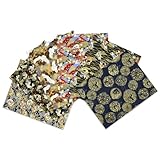 Fat Quarters Fabric Bundles,Japanese Fabric 6 PCS,6 Different Black Asian Oriental Style Fish Floral Red Crowned Crane Cotton Fabric Material Squares 50 x 40 cm for Sewing Wrapping Artcraft DIY