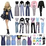 18 Doll Clothes Compatible with Barbie Include Stylish Denim Fur Collar Set Thousand Bird Check Set Plush Coat Set Sports Set Home Dress Set 5 Shoes 2 Accessories for 11.5 Inch Dolls Girls Gift