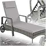TecTake® Rattan Garden Sun Lounger, 6-Level Adjustable Backrest, Plastic Weave, Outdoor and Indoor Use, Easy-Care Garden Recliner Chair with Padding & Cushion, Rubber Wheels - grey