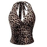EDLMKM Women's Leopard V Neck Lace Crop Tank Top Women's Leopard Ruched Crop Halter Tie Tops Backless Grunge Punk Y2K Tops