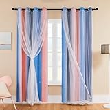XiDi Blackout Thermal Curtains with Eyelet for Living Room Rainbow Wall Decor Nursery Curtains Double Layer with Net Pink Grey Blue 34x72 In