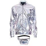 SoWest 70s 80s 90s Foil Metallic Shiny RAVE Bomber Jacket Hologram Festival Fancy Dress silver
