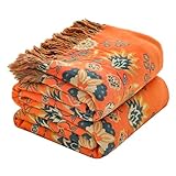 Double-sided Sofa Large Bed Throw Blanket, Bohemian Sofa Large Bed Throw with Tassels for 3 4 Seater,100% Organic Cotton Soft Warm Lightwight Boho Throw for Armchair Couch and Bed. 200x230cm-Orange
