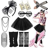 Ronilp 80s Fancy Dress for women,1980s Fancy Party Black Costume Accessories Set, Tutu Skirt Leg Warmers Necklace Bracelets Fishnet Gloves 80s Lace Bow Headband Tape Earrings Sunglasses