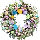 CIR OASES 20-inch Summer Easter Egg wreath Summer artificial rabbit ear leaf Egg Colorful wreath Front door porch Farmhouse Patio Decoration Easter Holiday celebration party decoration