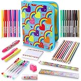 GirlZone 43-Piece Rainbow Stationery Set for Girls, Jumbo Rainbow Arts & Crafts Filled Stationery Pencil Case for Girls, Art Case for Toddlers, Kids, Teens & Teachers