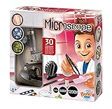 Buki France Beginner Microscope STEM Kit – 200x to 1200x Magnification | Metal Microscope with LED Light & 30 Experiments | Includes Slides, Vials, Booklet & Accessories | Ages 8+