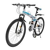 Zoobotanica 21 Speed 26 Inch Mountain Bike, Foldable Mountain Bike, High Carbon Steel Body, Front and Rear Mechanical Disc Brakes, for Adults Youth Use (Blue, White)