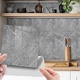 Fantasnight Marble Stick on Tiles 30 x 30cm 10Pcs, Grey Tile Stickers Self Adhesive Wall Tiles, PET Peel and Stick Wall Glossy Stickers for Kitchen Bathroom