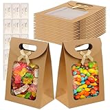 DesertBoy 12 Pcs Kraft Paper Packaging Bags with 1 Sheet Sticker, Gift Bag with Window, Kraft Paper Bags with Window, Stand Up Gift Bag with Handles for Packaging Present and Cookies(14 * 20 * 7 cm)