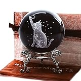 60mm 3D Cat Crystal Ball Figurine Glass Laser Engraved Cat Moon Star Crystal Ball with Stand Glass Sphere Paperweights Cat Gifts for Cat Lovers Women