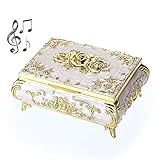 SUMNACON Metal Music Box Musical Jewelry Case Keepsake Case, Vintage Music Organizer Rose Embossed Musical Box for Christmas, Birthday, Valentines Day (Tune:You Are My Sunshine, Beige Gold)