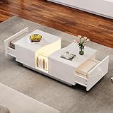 Merax White High Gloss Coffee Table, Led Coffee Table with 2 Drawer Storage, Unique Shape Centre Tables, End Tables for Living Room Home Office Furniture, White, 100x50x35 cm