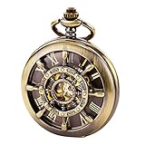 TREEWETO Bronze Double Cover Roman Numerals Dial Skeleton Mens Women Pocket Watch