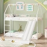 COSTWAY Metal Bunk Bed with Slide, House Shaped Kids Loft Bed Frame with Safety Guardrail & Ladder, Heavy-Duty High Sleeper Beds for Kids Teens (White)