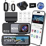 NOVA TECH Dash Cam Front Rear, 4K/2.5K Full HD Dash Camera for Cars, Included 64GB Card, Built-in Wi-Fi GPS, 3.18” IPS Screen, Night Vision, 170°Wide Angle, WDR, 24H Parking Mode (Free HardWire Kit)