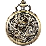 ManChDa Pocket Watch Lucky Dragon & Phoenix Vintage Mechanical Steampunk Skeleton Roman Numerals Fob Chain for Men Women | Bronze