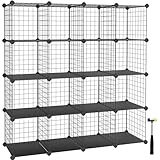 SONGMICS 16 Cube Metal Wire Storage Organiser, DIY Closet Cabinet and Modular Shelving Grids, Wire Mesh Shelves and Rack, Black LPI44H