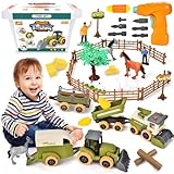 BuzzoXerex Farm Toy Tractor, DIY Assembly Tractor Set with Trailer, Farm Toy Set with Combine Harvester, Grain Transporter and Hay Bales, Birthday Gifts for Children from 3+ Years