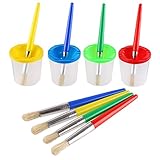 VEYLIN Paint Cups with Brushes, 4 Anti Spill Paint Pots with Lids and 4 Paint Brushes Set Children School Supplies，Perfect for Beginner or Experienced Painters, pot height 75mm
