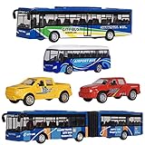 Crelloci 5Pcs Bus Toy Die Cast Pull Back Model Bus Set 3 Stagecoach Coach City Buses and 2 Mini Pickup Truck Kids' Play Car Set 3 4 5 Year Old Boys Girls Toddlers