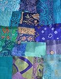 Blue Assorted Embellished Sari Silk Fabric Remnants Scraps - 15 Pieces