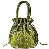 SINSEN Small Drawstring Pouch Gift Bag for Present, Satin Embroidered Potli Bag Clutches Handbag, Brocade Ethnic Jewellery Coin Purses for New Year Birthday Wedding Party Valentine (Green)