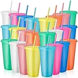 MSYU Plastic Tumblers with Lids and Straws, 24 Pcs Reusable Cups with Lids Plastic Colorful Cups for Parties Birthdays, Iced Coffee Cup Travel Mug Cold Drink Cups Bulk Tumblers (24 oz, Light Colors)