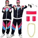 90s 80s Fancy Dress Men Women with Accessories, 80s Shell Suit 80s 90s Fancy Dress Costumes for Men Adult with Glasses Headband Wristbands, 80s 90s Outfits Fashion Retro Tracksuit for Carnival Party