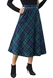 Alaster Queen Womens Long Plaid Skirt Ladies Midi High Elastic Waist Winter Pockets Skirts Green