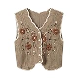 Crochet Knitted Waistcoats For Women, Ladies Boho Waistcoat Floral Pattern Sleeveless V-Neck Cardigan Button Down Hippie Casual Outwear Khaki One Size
