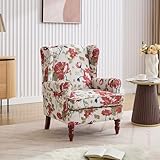AZRBOPO Wingback Armchair, Red Flower Retro Accent Chair Soft Padded Fabric Lounge Padded Sofa, Retro Vantage Leisure Armchair for Living Room Bedroom - Solid Wood Frame