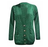 LUXFAB Womens Long Sleeve Button Top Cardigan Chunky Aran Cable Knit Grandad Style Sweater Everyday Casual Warm Knitted Ladies Cardigan UK Sizes 8-26 Bottle Green