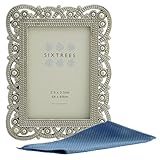 Sixtrees Antique Vintage and Shabby Chic Style silver metal photo frame with beads and crystals for a 3.5" x 2.5" (64 x 89mm) picture - Louisa Complete with our microfibre polishing cloth