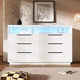 LANTRO JS Led Sideboard, White Gloss Sideboard with 6 Drawer, White Living Room Furniture with Recessed Handles, 120x40x85cm