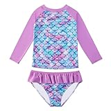 WYTbaby Girls Swimming Costume Uv Protection 2pcs Long Sleeve Mermaid Swimsuit Girls Rash Guard Summer Beach Swimming Set for 6-7 Years