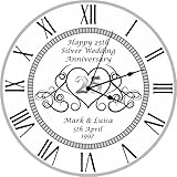 Precision Designs Unique Personalised 25th Silver Wedding Anniversary Clock - Size 30cm Silent Wall Mountable with Roman Numerals - Special Wedding Gift
