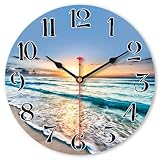 VIKMARI Sea Beach Wall Clock, Small 8 Inch Lovely Blue Clock, Unusual Silent Non Ticking Modern Wall Clock for Bathroom Living Room Kitchen Bedroom Office