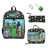 Bioworld Minecraft 5 Piece Set: 16 inch Backpack, Lunchbox, Utility Case, Rubber Keychain, and Carabiner, Multicolored, 1 Size, Modern