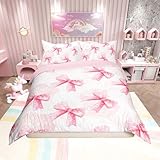 Homemissing Pink Bow Duvet Cover Set Double Size For Kids Adults Girls Teens Dreamy Princess Style Bedding Set Kawaii Bowknot Comforter Cover with 2 Pillowcases Room Decor Bow Bed Sets