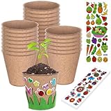 Kids Gardening Set 24 Pcs Fibre Seed Pots Biodegradable Seedling Pots with 12 Sheet Stickers and 4 EVA Grass Garden Paper Pot Art Craft for Seedlings Transplanting Flower Planting Growing Kit