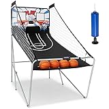 GYMAX Foldable Basketball Arcade Game with 8 Game Modes, Voice Prompt, Double Hoops and Scorer, Indoor Outdoor Basketball Hoop for Kids and Adults (White+Black)