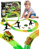 GleamKid 154PCS Rechargeable Car Track Toy Set, Glow Race Track, Flexible Car Tracks, Dinosaur Track Set Glow in The Dark, Race Train Track Toy for 3 4 5 6 7 8 Year Old Boys Gifts, 2*800mAh Batteries